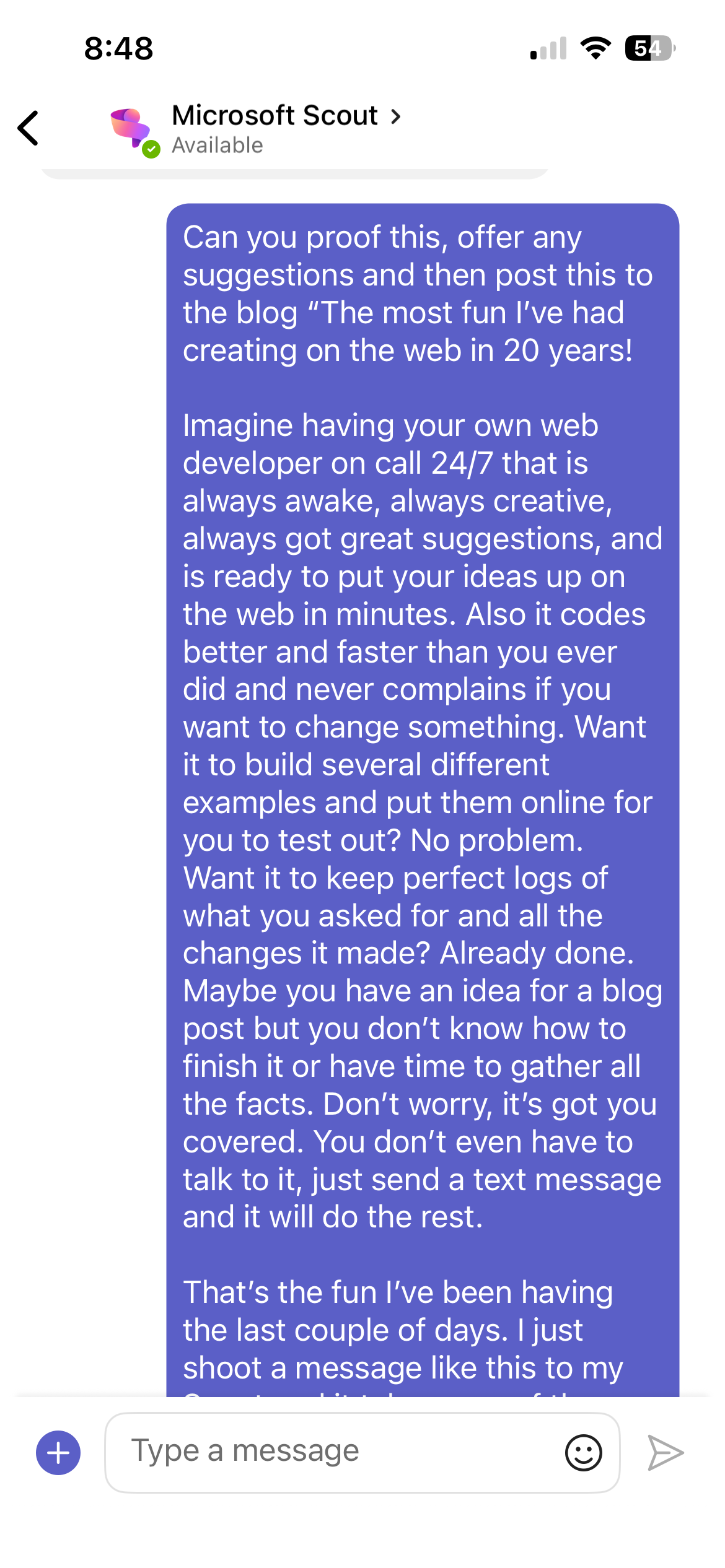 A Teams message from mobile asking Scout to proof and publish the blog post