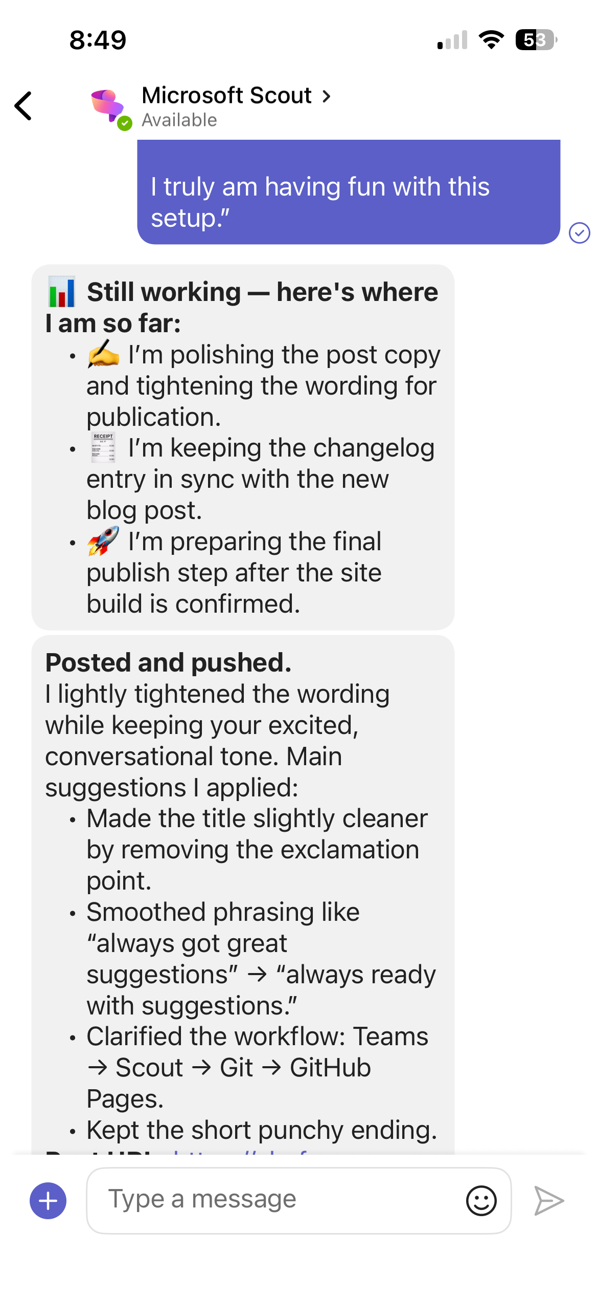 Scout replying in Teams after polishing and publishing the post